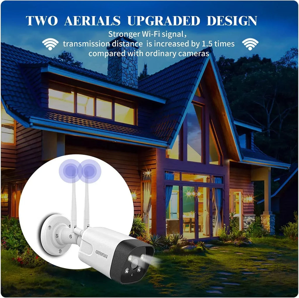 {4pcs 3.0MP Dual Antennas Floodlight}, Two-way audio Home Surveillance Wireless Security Camera System,  8CH  No , IP66 waterproof,  Human Detection