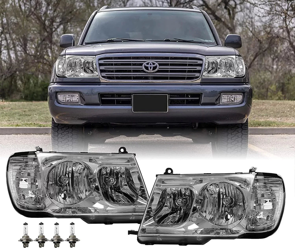 FJ100 Headlights - Headlamps Set (Left + Right) Compatible with 1998-2005 Toyota Land Cruiser  100 (Euro Style with Clear Corner  Piece Design)