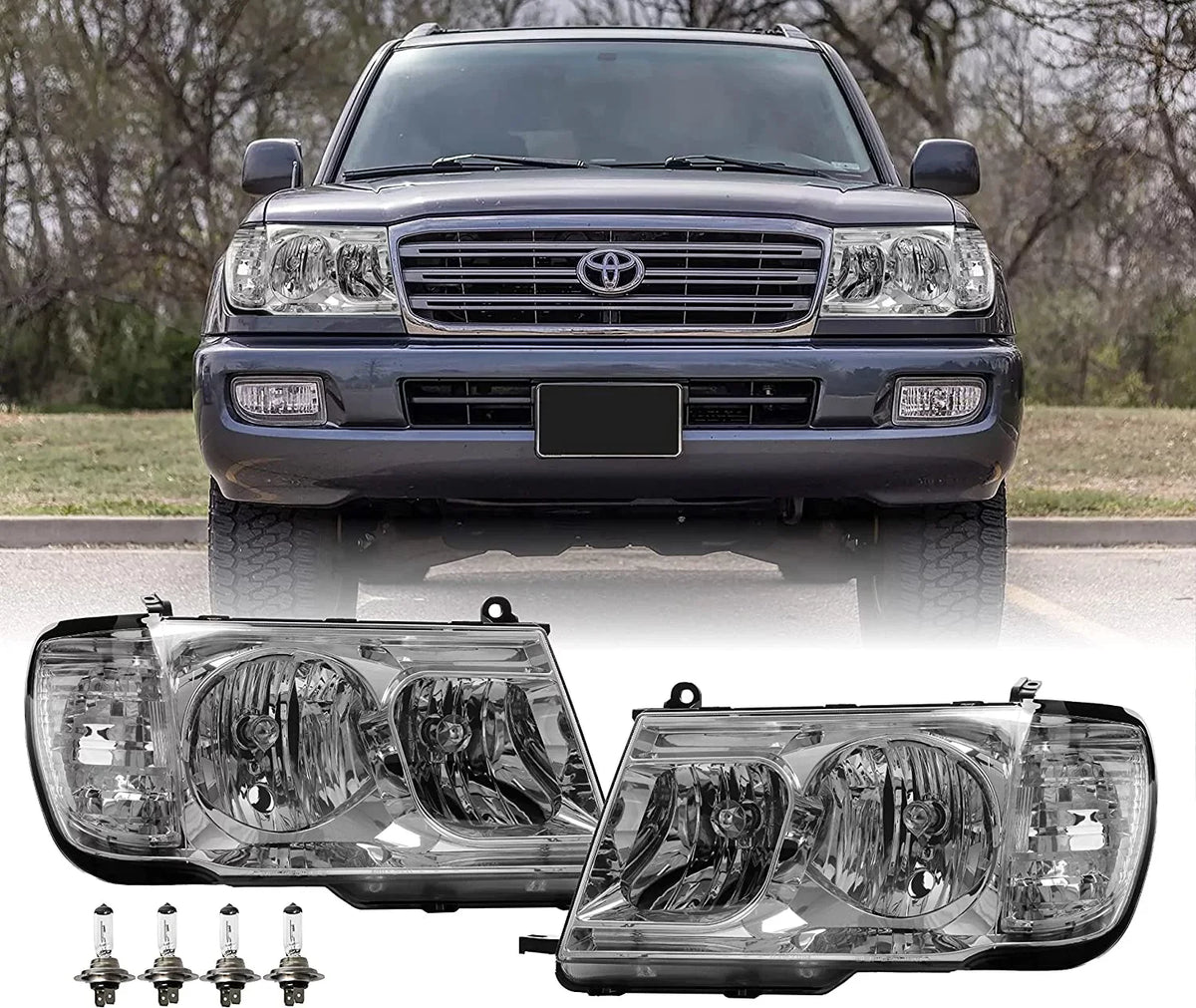 FJ100 Headlights - Headlamps Set (Left + Right) Compatible with 1998-2005 Toyota Land Cruiser  100 (Euro Style with Clear Corner  Piece Design)