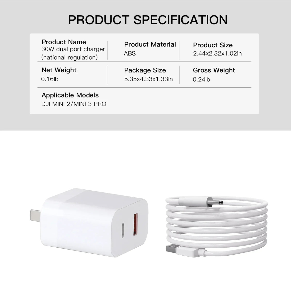 30W  Charger with Type-C Cable Dual-Port Charging for  Mini 2/Mini 3 Pro Charging Parts