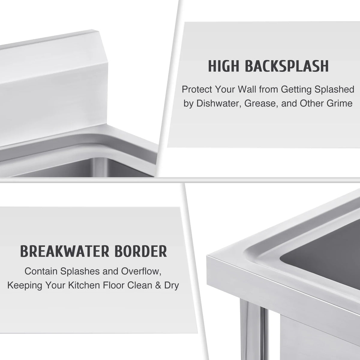 Wilprep Commercial Stainless Steel Utility Sink w Drainboard Strainer Backsplash for Kitchen Bar