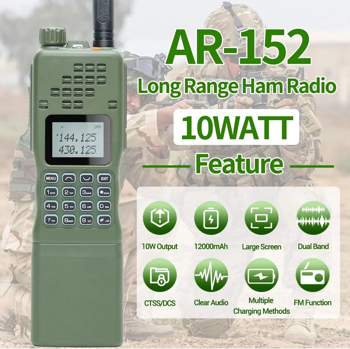 '-152 10W Powerful Ham Radio Portable Tactical Two Way Radio Long Range Walkie Talkie 12000mAh Battery with Extra Programming Cable Full Kits