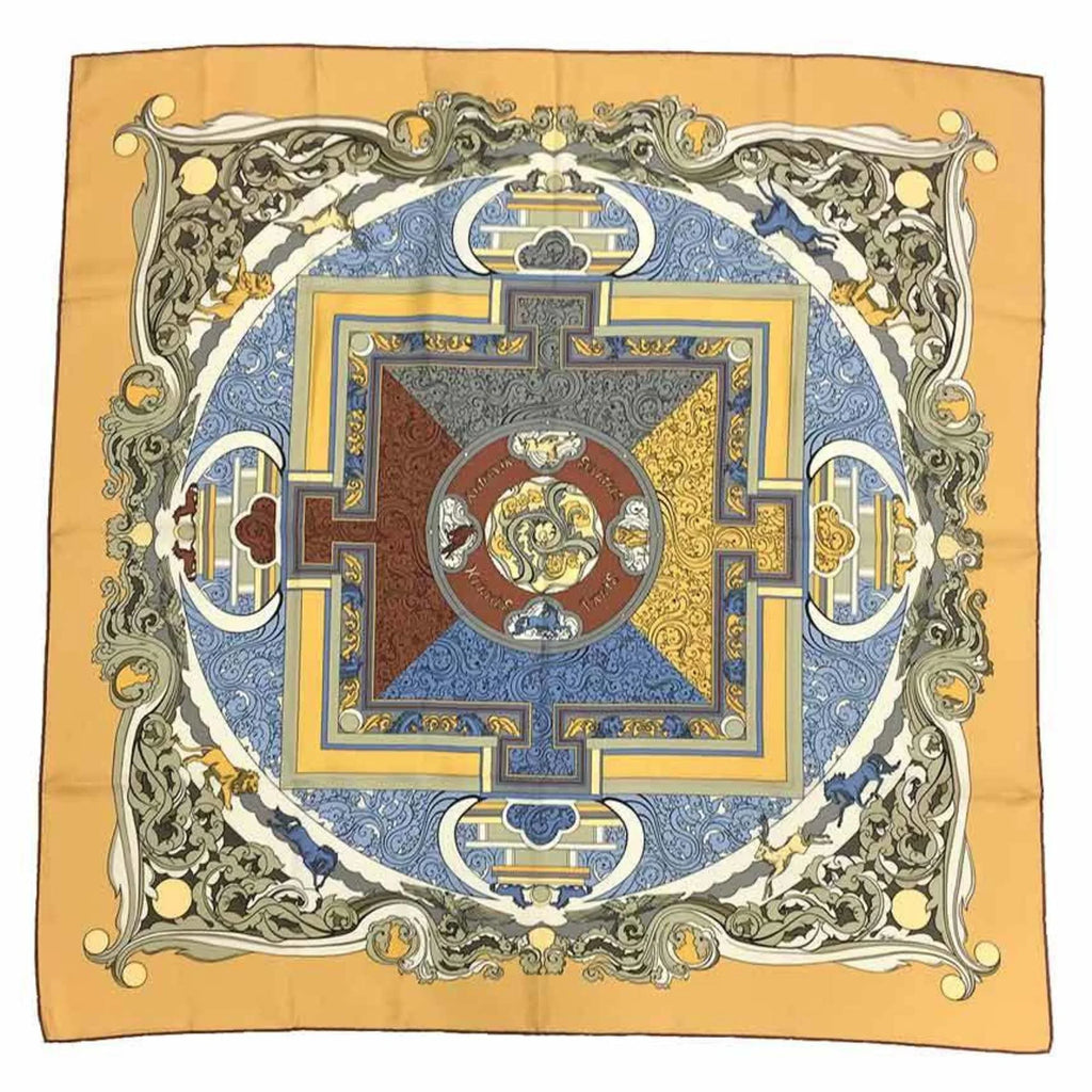 Pre-Owned  Hermes Scarf Muffler Kare90   Animals of the Sun Cream Yellow 100% Silk (Like New)