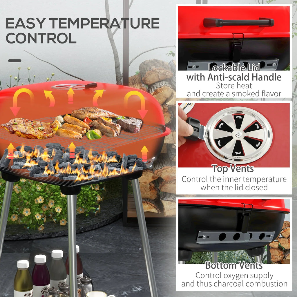 Outsunny Portable Charcoal Grill with Wheels Bottom Shelf for Picnic, Red
