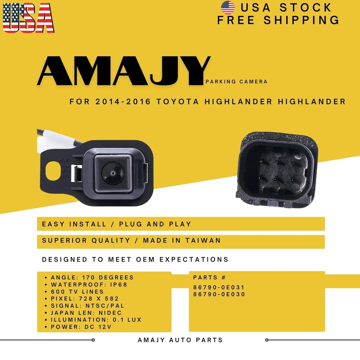 Backup Camera Replaces for 14-16 Toyota Highlander  86790-0E031 86790-0E030
