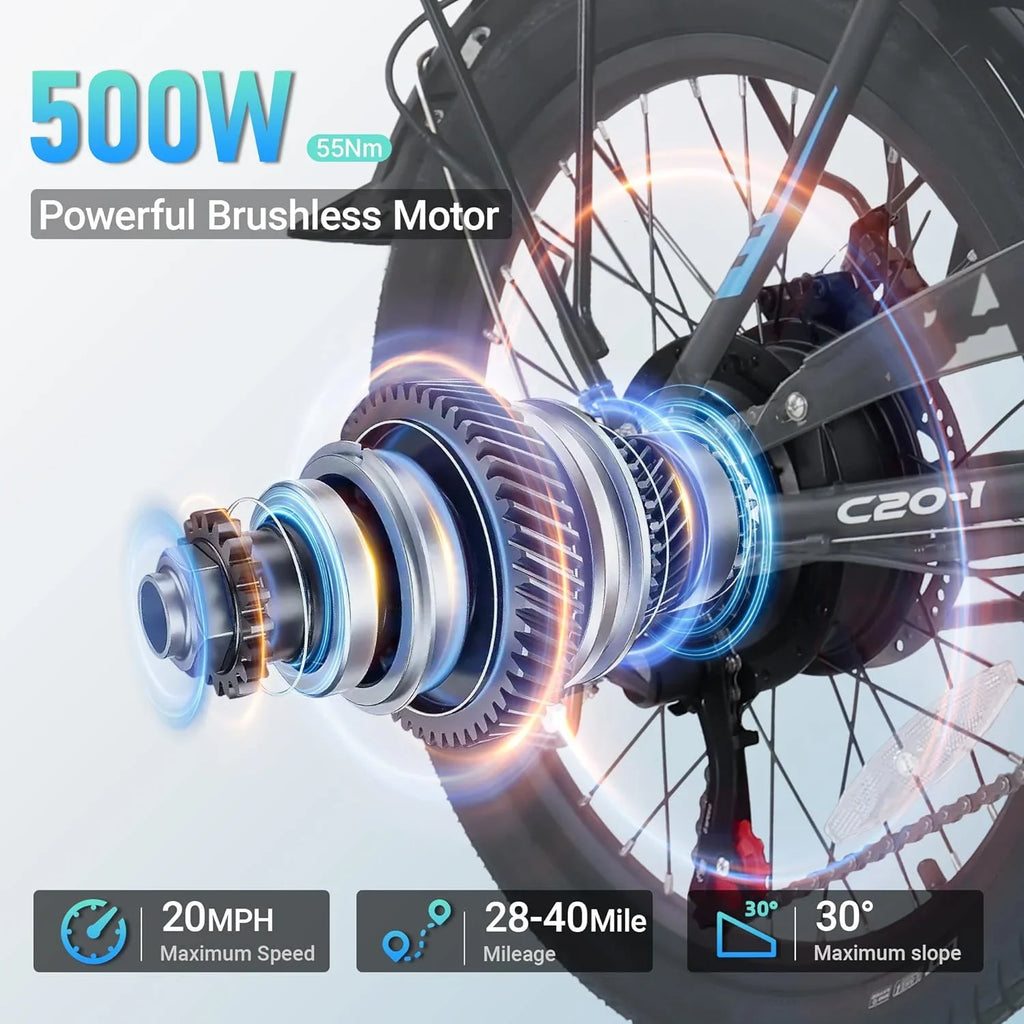 Electric Bike - 500W Folding Ebike with Stylish 20" Wheels, 48V Lithium Battery for 40 Miles Range and 20MPH Speed