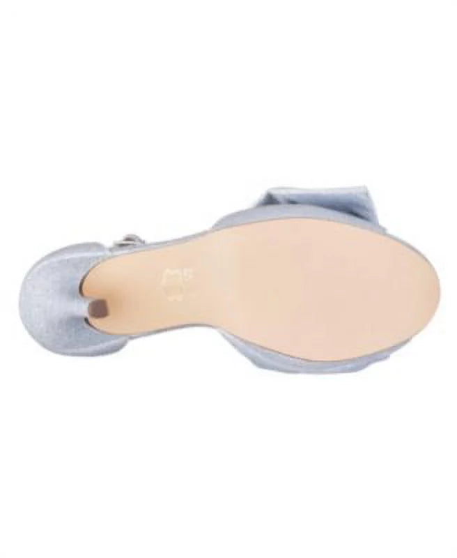 Womens Silver Glitter Padded Goring Ankle Strap Bow Accent Flosie Almond Toe Stiletto Buckle Leather Dress Pumps Shoes 11 M