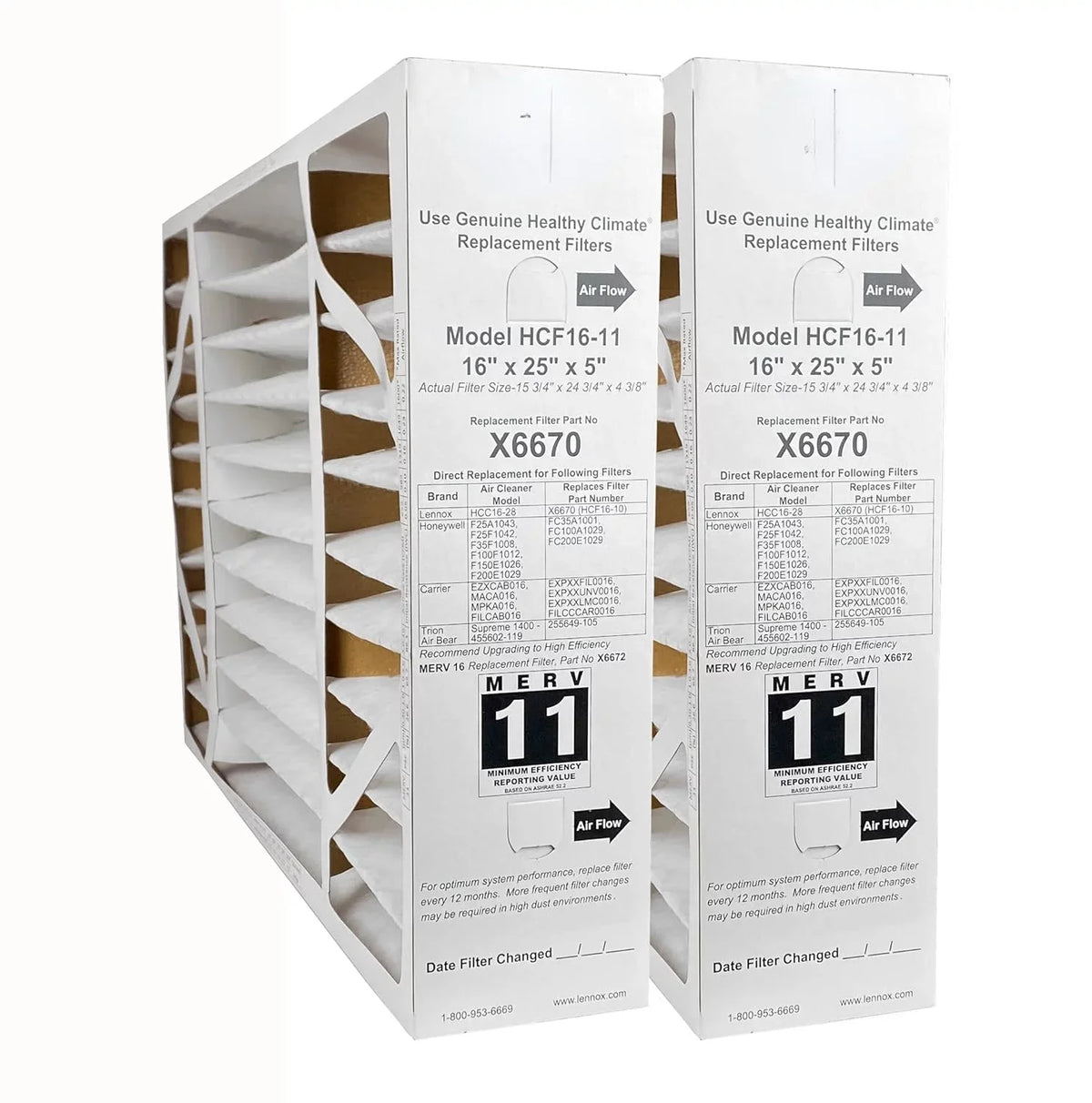 X6670 - (2-Pack) Healthy Climate 16" x 25" x 5"  HCF16-11 Air Filter,  11