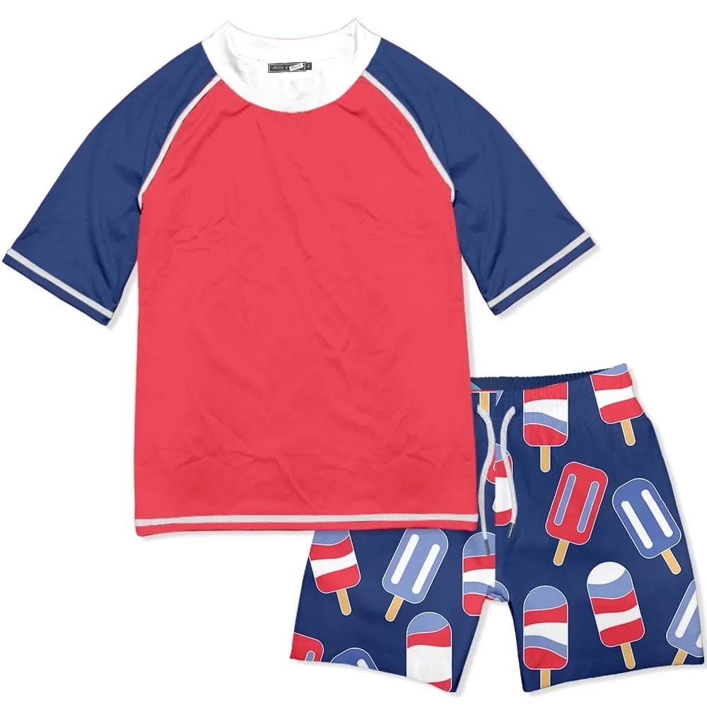 Millie Loves Lily Male Red Popsicles Short-Sleeve Rashguard Swimsuit Set  50, Size 2T-10