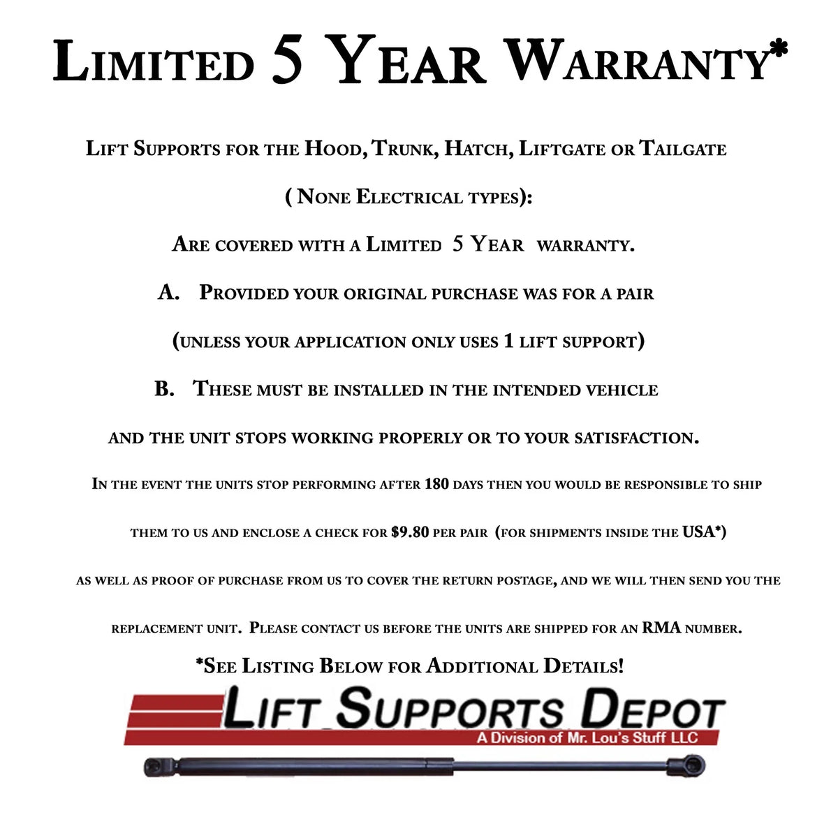 Qty 2 Made by Strong Arm 6803 Fits Mustang 94 to 04 Trunk Lift Supports with Spoiler Fits select: 1994-2004