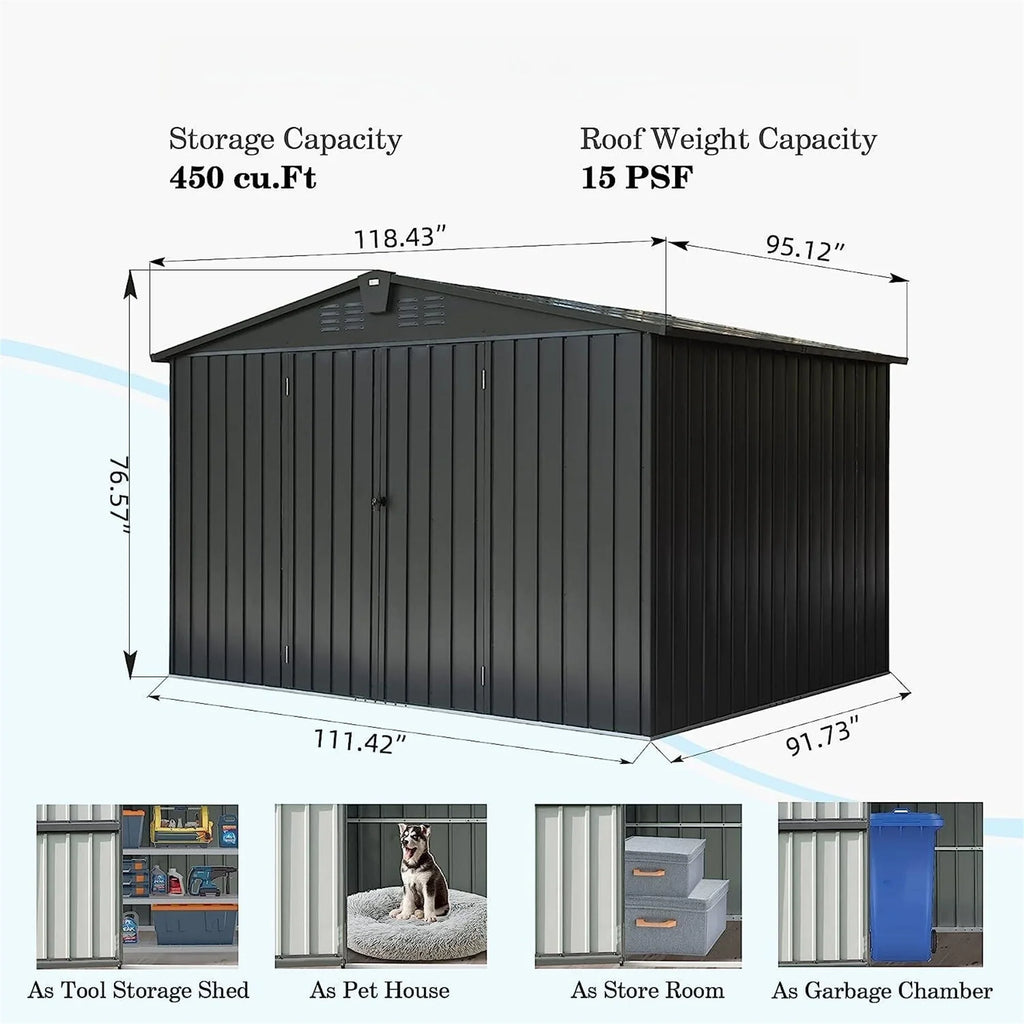 CoSoTower Outdoor Storage Shed 10'X 8', Metal Garden Shed for Bike, Trash Can, Tools, Galvanized Steel Outdoor Storage Cabinet with Lockable Door for Backyard, Patio, Lawn (10X8ft, Black)