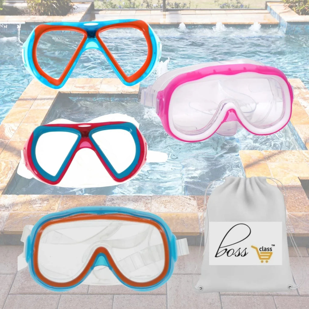 Summer Kids Eyes and Nose Safety Pool Goggles, Outdoor Fun  Swim Masks Set of 4 &  Storage Carrier (Color vary)