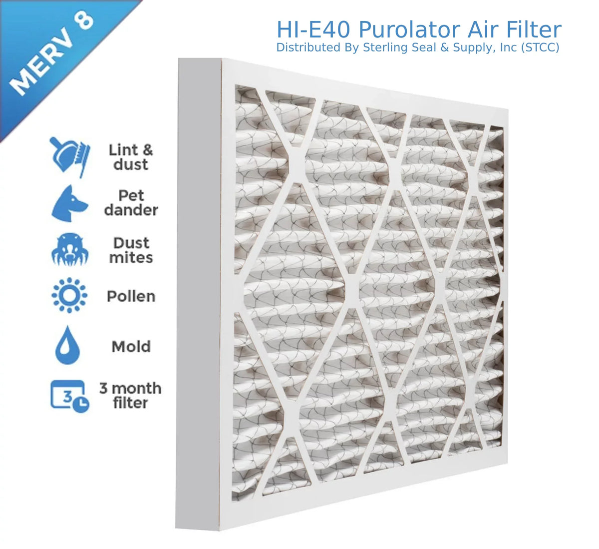 16x25x2, Purolator / Air Guard  Hi-E 40 Extended Surface Pleated Air Filter, Mechanical  8, (6 Pack)