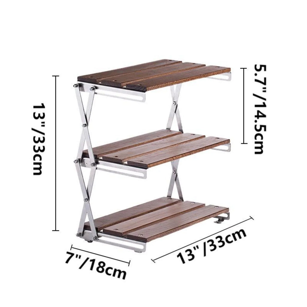 Cipaher Foldable Camping Shelf 3-Tier Wood Folding Storage Rack Desktop Organizing Rack