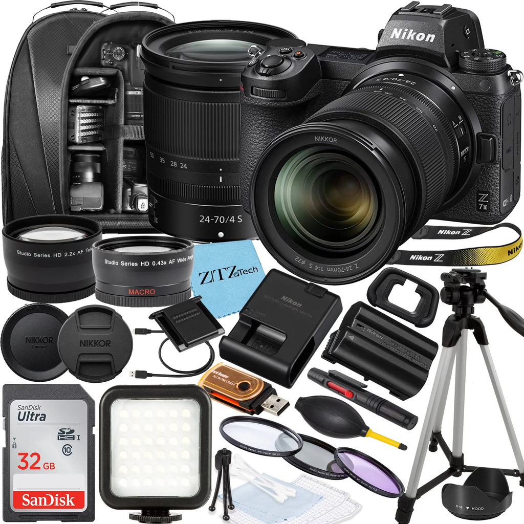 Nikon Z7  Mirrorless Camera with  Z 24-70mm f/4 S Lens, SanDisk 32GB Memory Card, Backpack, Flash, Tripod and ZeeTech Accessory Bundle