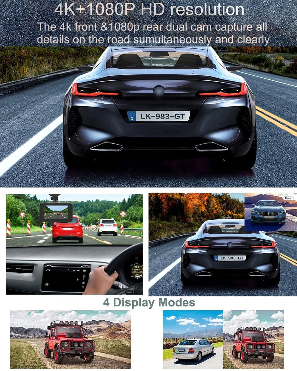 4K Front and Rear Dash Cam for Cars, Dual Dash Cam with  Card, 2 Inch Dash Camera with  , Night Vision, Loop Recording, Parking Mode, Wide Angle, 64GB  Card Included