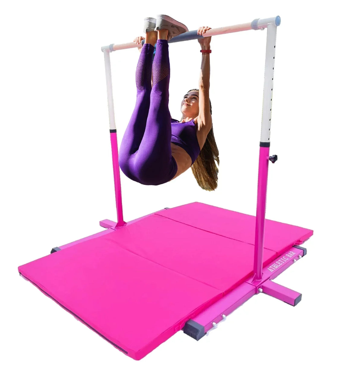 Athletic Bar Expandable Gymnastics Kip Bar for Kids with 6’x4’ Gymnastics Mat and Cushioned Handrail, Height Adjustable 3 to 5  Horizontal Bar, Gymnastic Bar for Junior Gymnasts Training Bar Pink