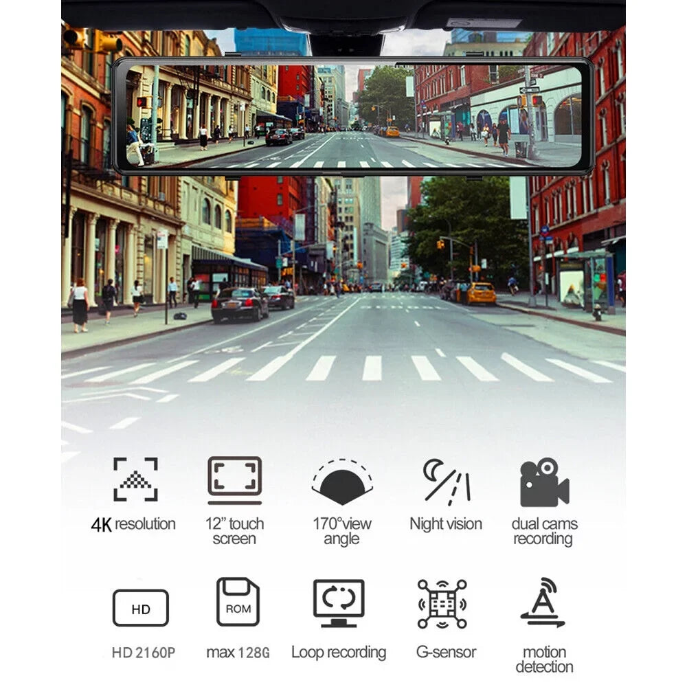 Paddsun 4K 12" Dash Cam Mirror  WiFi Voice Control Car Rear View Backup Dual Camera
