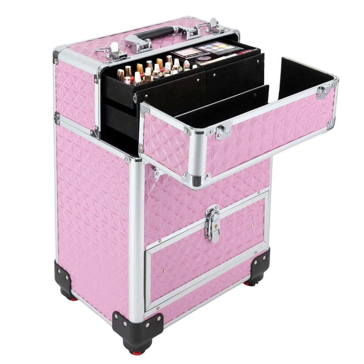 Professional Makeup Trolley Lockable Nail Embroidery Hair Styling Tools Storage Box with Drawers Pink