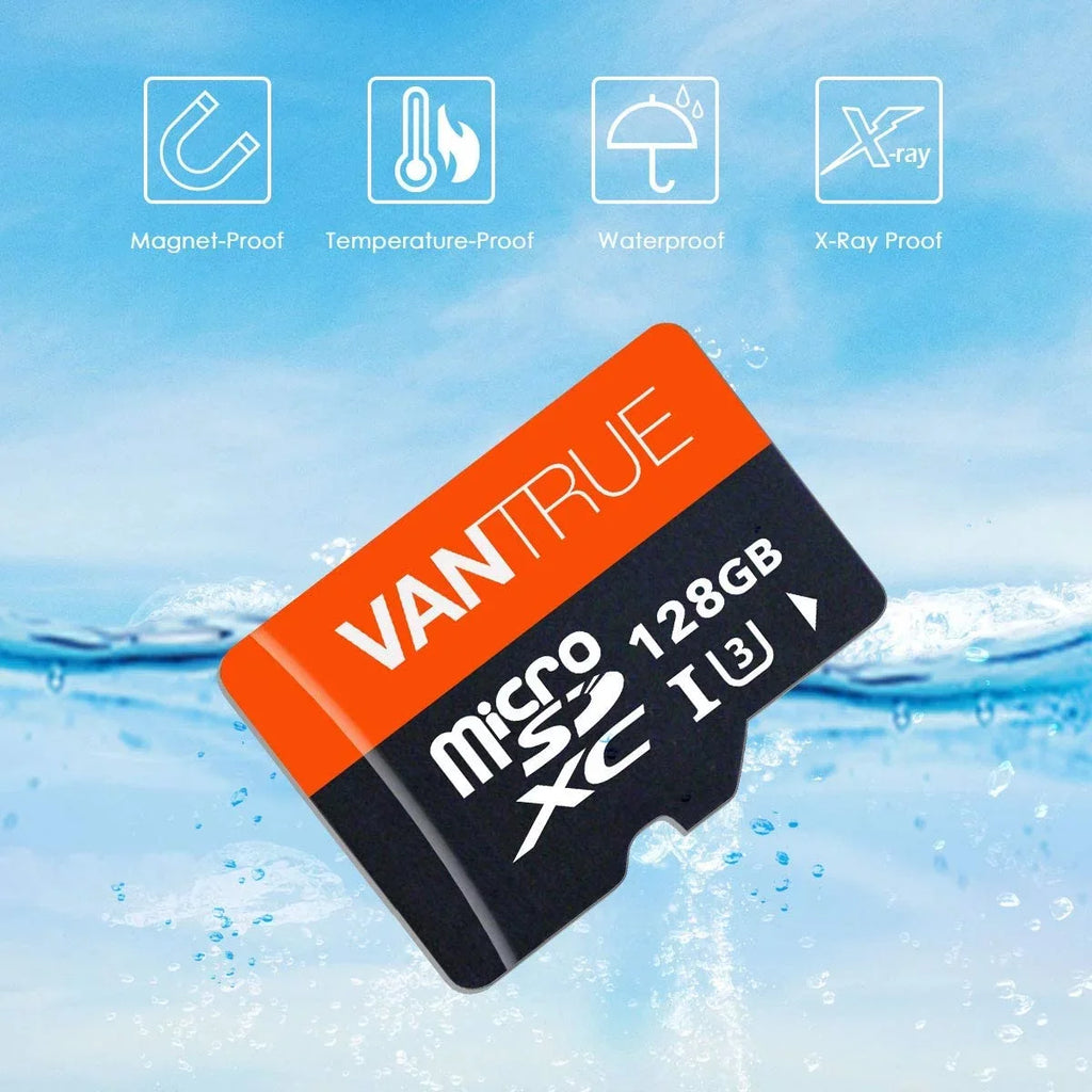 Vantrue 128GB U3 V30 Class 10 MicroSDXC -I 4K  Video Monitoring Memory Card with Adapter for Dash Cams, Body Cams, Action Camera, Other Surveillance & Security Cams