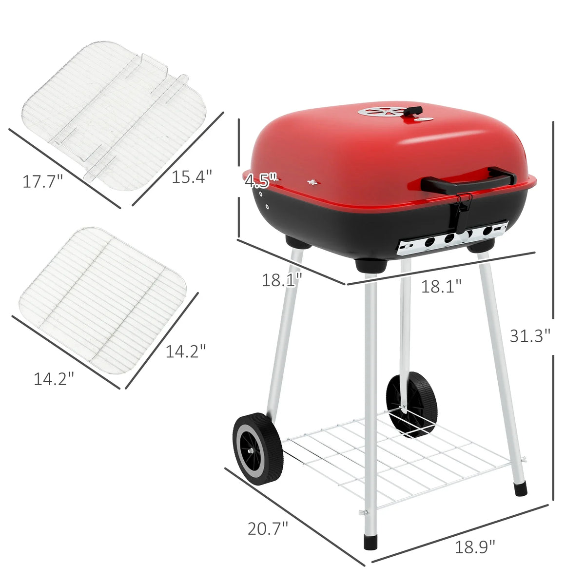 Outsunny Portable Charcoal Grill with Wheels Bottom Shelf for Picnic, Red
