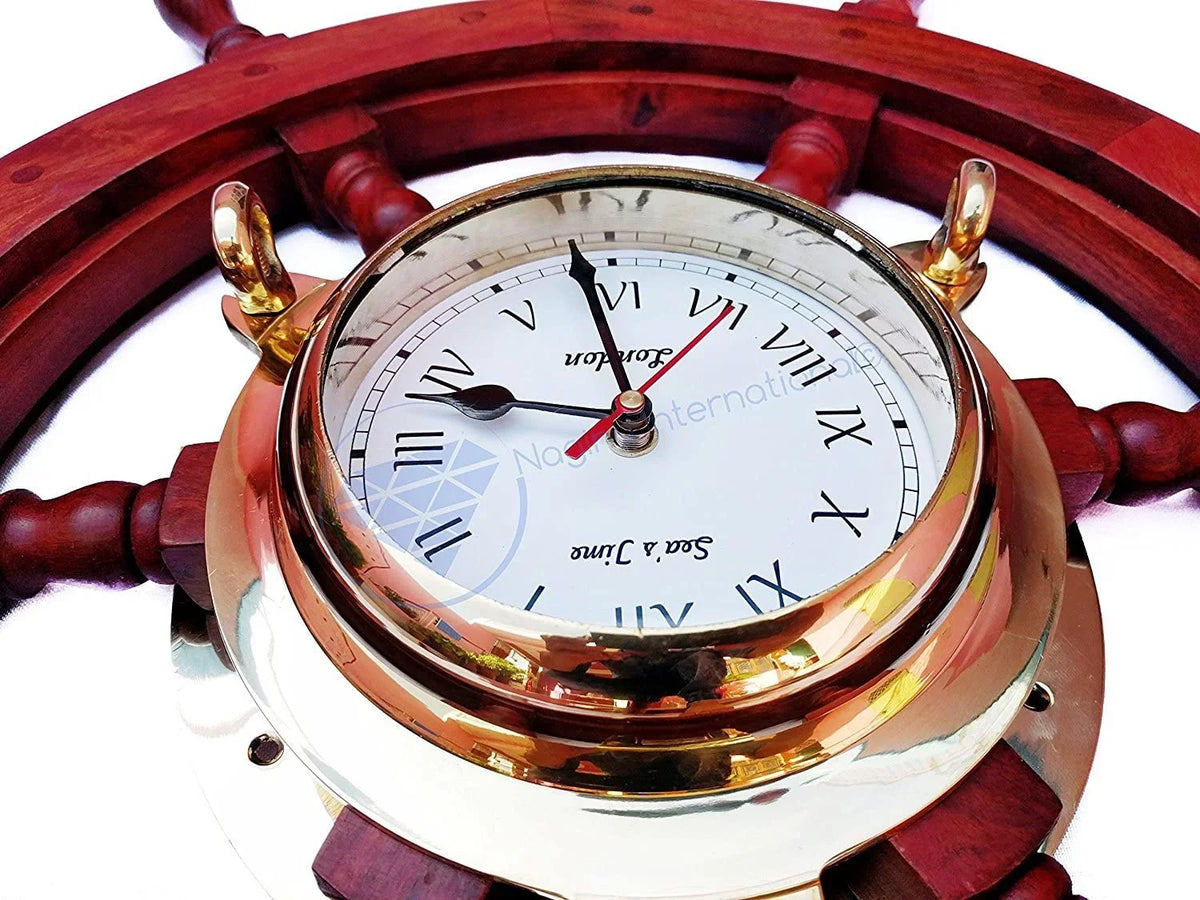 Nagina International Polystone Polished Nautical Brass Porthole Clock Ship Wheel | Pirate's Ocean Home Decor Gift | London Sea's Time (48 Inches)