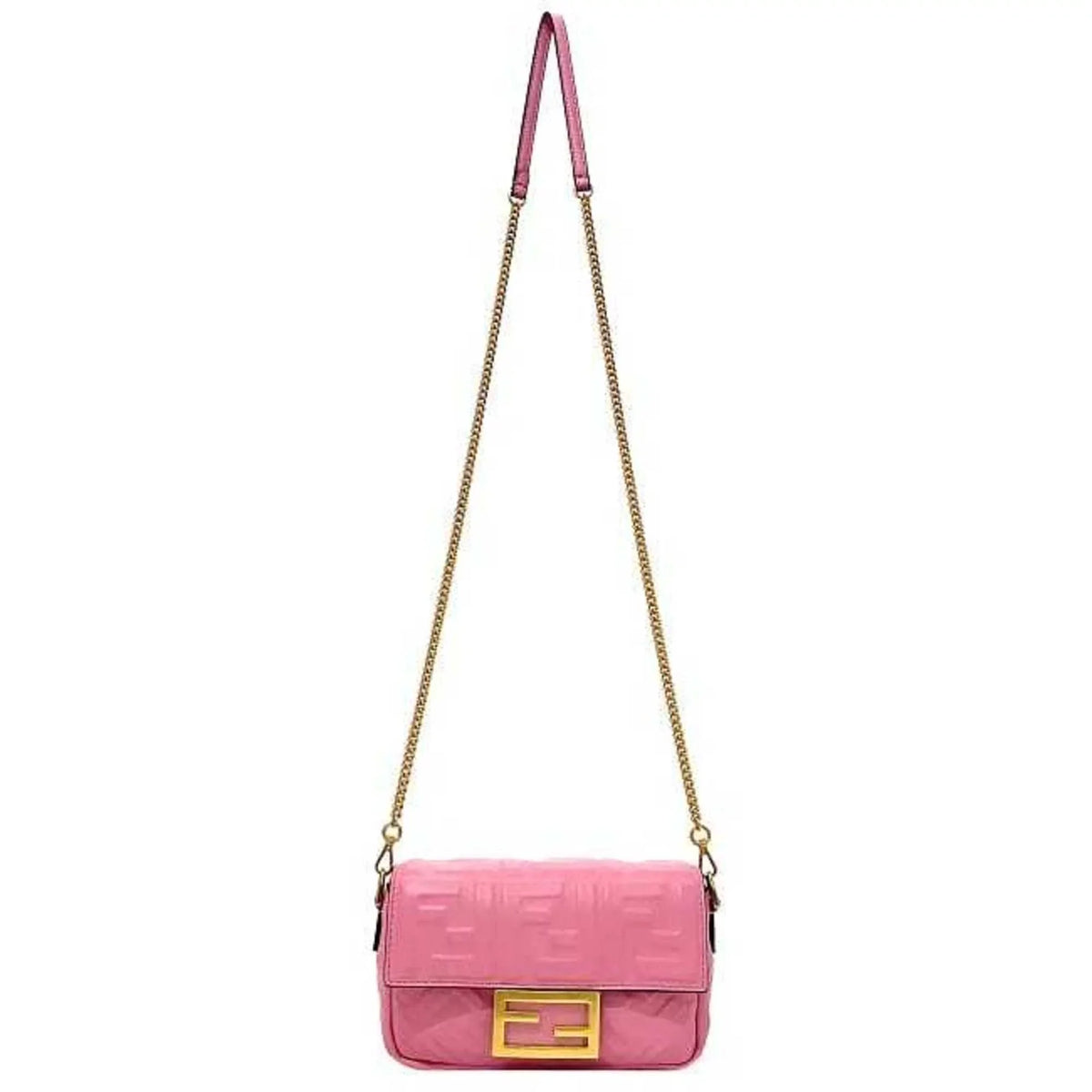 Pre-Owned Fendi Baguette Small Pink Gold 8BS017 Leather   Shoulder Bag  Embossed Ladies Chain (Like New)