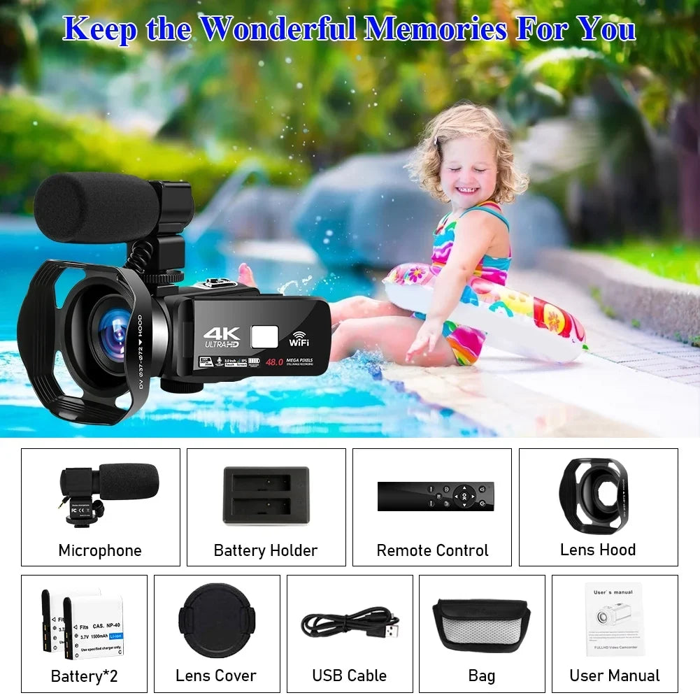4K Video Camera for Youtube Camcorder 48MP 60FPS WiFi Vlogging 18X Digital Camera  Night Vision