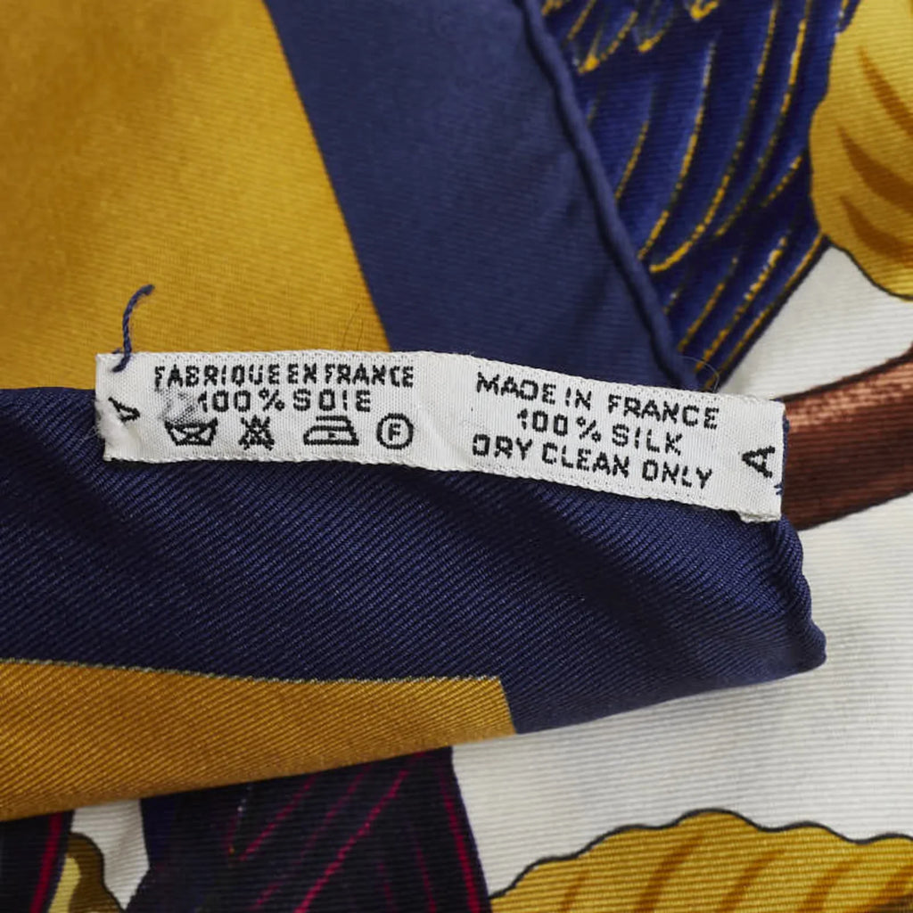 Pre-Owned Hermes Carre90 Les Perroquets detail Bird Parrot Scarf Muffler Gold Navy Silk Ladies  (Good)