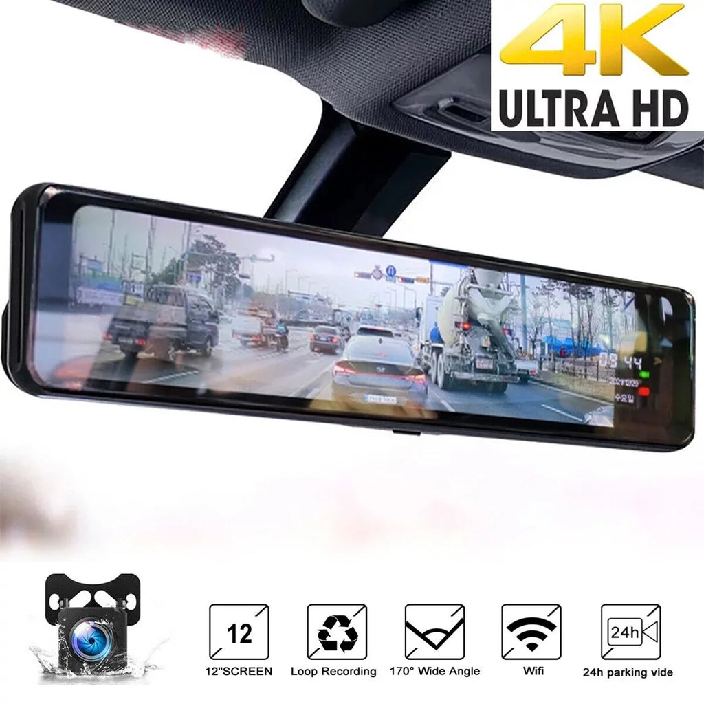 4K Mirror Dash Cam Backup Camera 12" Large Full Touch Screen Front and Rear View Camera  Waterproof Backup Car Camera 170° Wide Angle, Starlight Night Vision, Parking Monitor