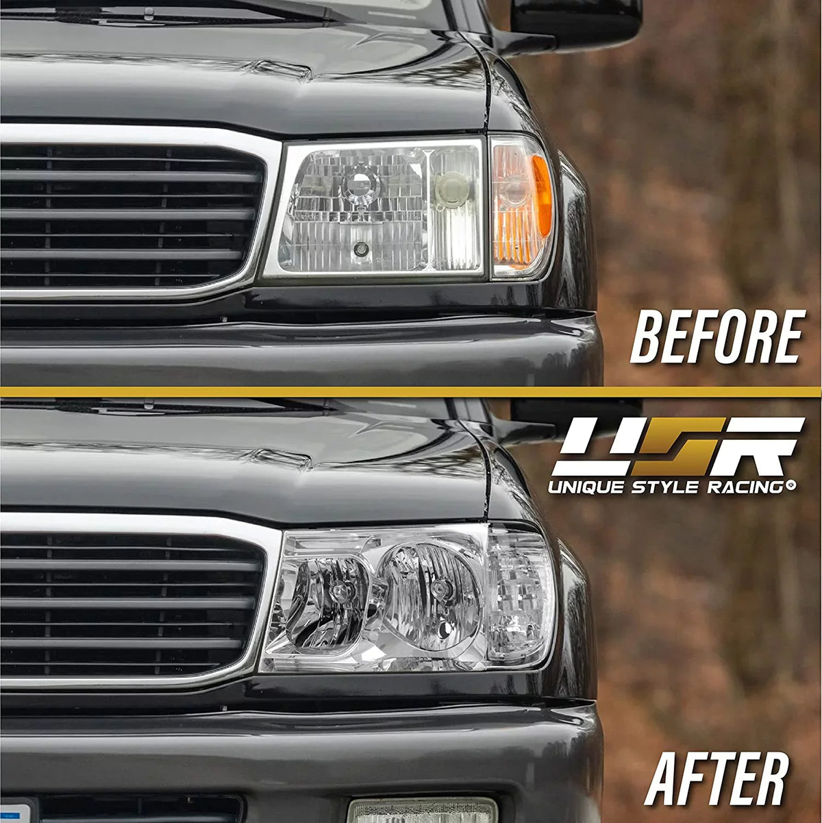 FJ100 Headlights - Headlamps Set (Left + Right) Compatible with 1998-2005 Toyota Land Cruiser  100 (Euro Style with Clear Corner  Piece Design)