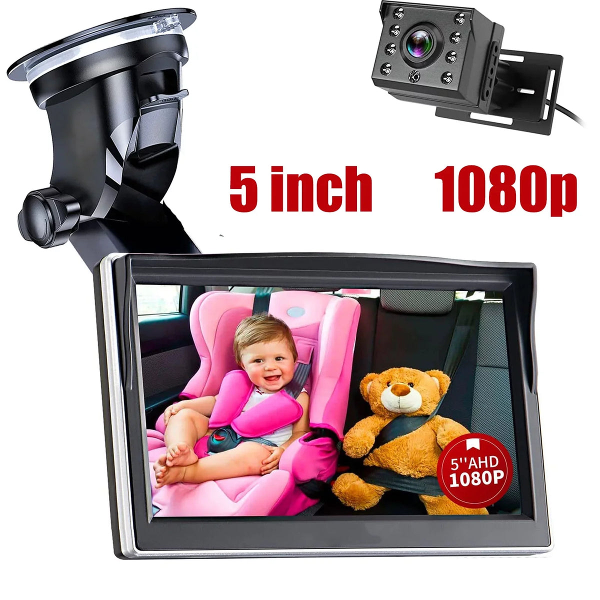 Luosen Baby Car Camera 1080P, Baby Mirror for Car Back Seat with 5 Inch  Monitor, Rear Facing Infant Camera Clear Night Vision, Newborns Travel Safety Kit