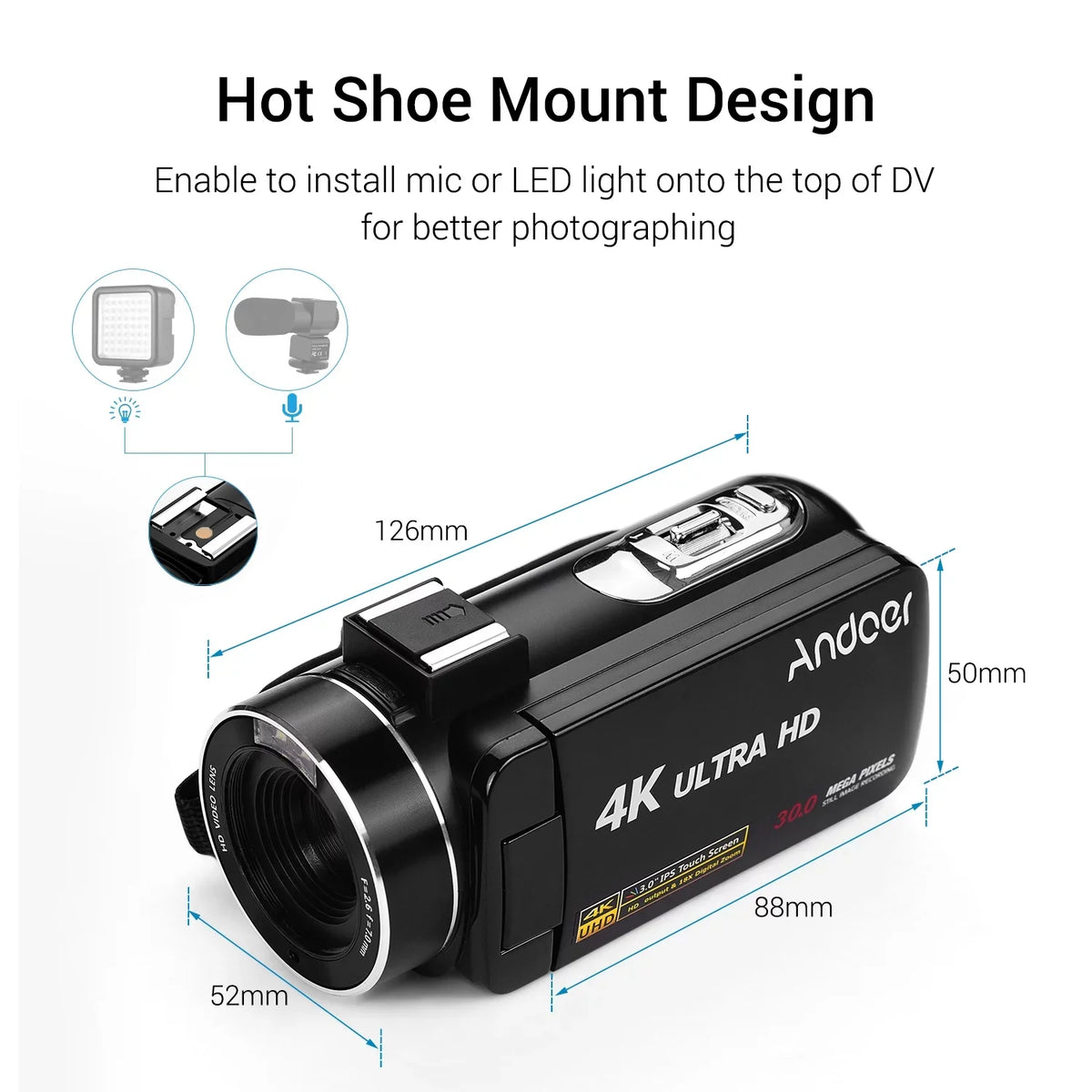 Andoer-2 Video Camera,Video Camera 4K Handheld  3.0 Inch  Camera 3.0 Inch  Monitor Burst  Professional Video Function Inch  Monitor