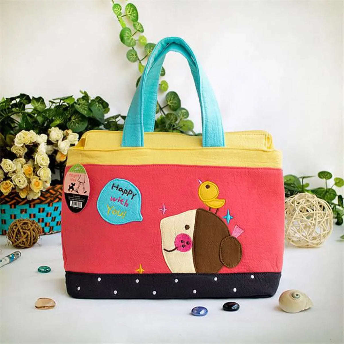 9.3 x 7.2 x 4.2 in. Happy with You - Embroidered Applique Fabric Art Tote Bag & Shopper Bag