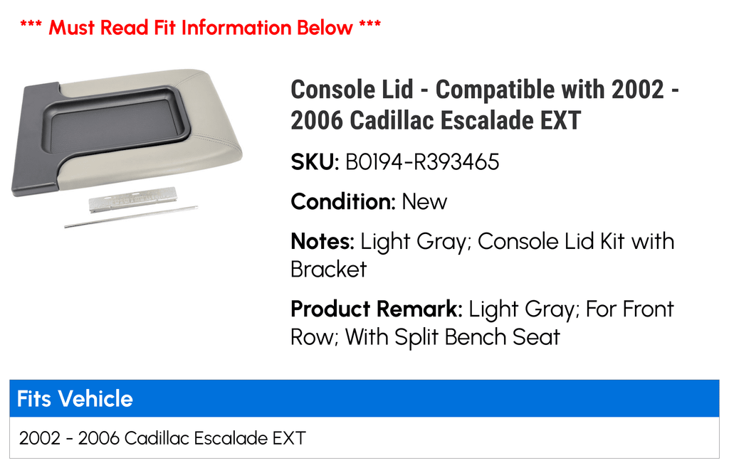 Console Lid - Compatible with 2002 - 2006 Cadillac Escalade  2003 2004 2005
