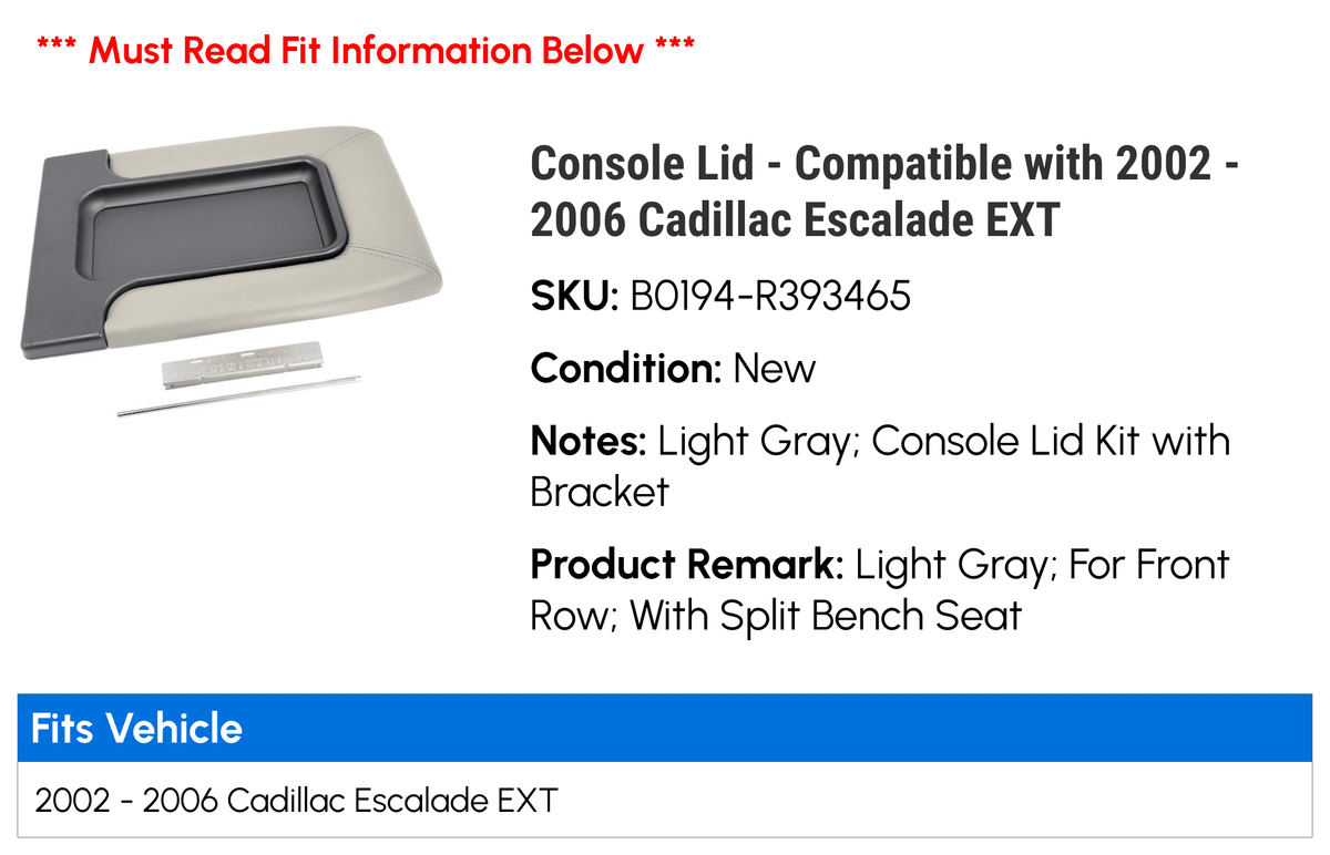 Console Lid - Compatible with 2002 - 2006 Cadillac Escalade  2003 2004 2005