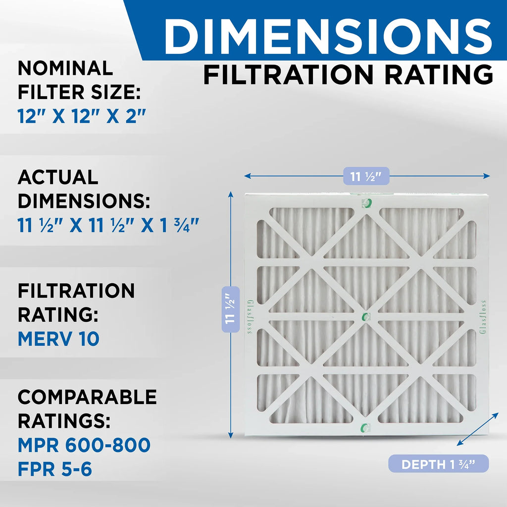 12 Pack of 12x12x1  13 Pleated Air Filters by Glasfloss. Actual Size: 11-1/2 x 11-1/2 x 7/8