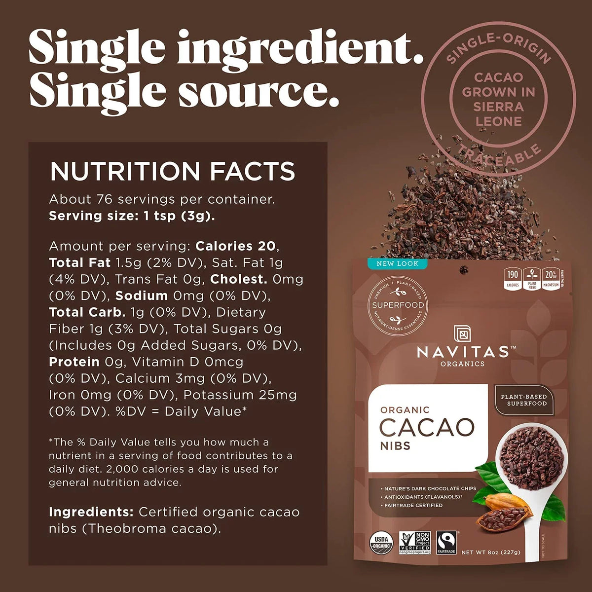 (Pack of 1) Navitas Organics Raw Cacao Nibs 8 oz. Bag 8 Servings Organic Non- Fair Trade Gluten-Free