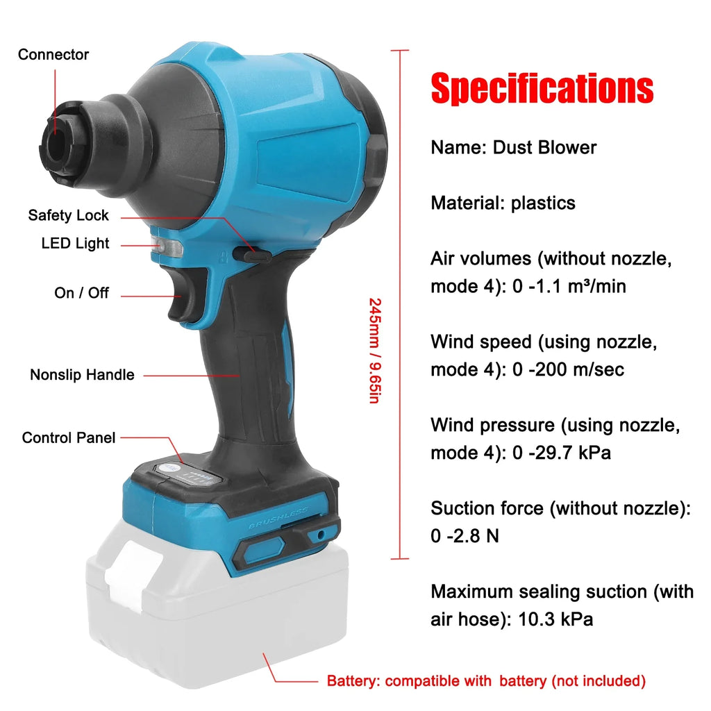 Electric Cordless Dust Blower, Rechargeable Air Dust Machine Stepless Speed Change,  Working Light