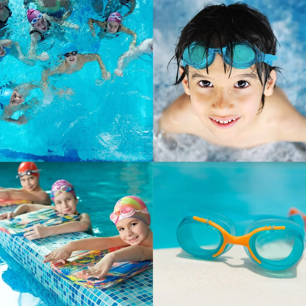 Summer Kids Eyes and Nose Safety Pool Goggles, Outdoor Fun  Swim Masks Set of 4 &  Storage Carrier (Color vary)