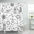 Marine in Thin Line Style with Sailboat Anchor Steering Wheel and Lifebuoy Shower Curtain 66x72 inch