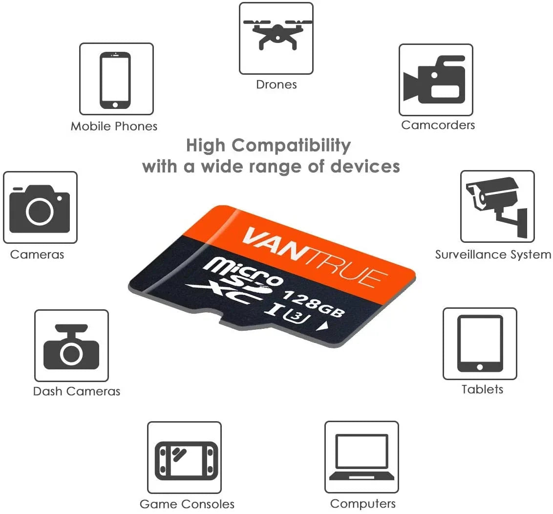 Vantrue 128GB U3 V30 Class 10 MicroSDXC -I 4K  Video Monitoring Memory Card with Adapter for Dash Cams, Body Cams, Action Camera, Other Surveillance & Security Cams