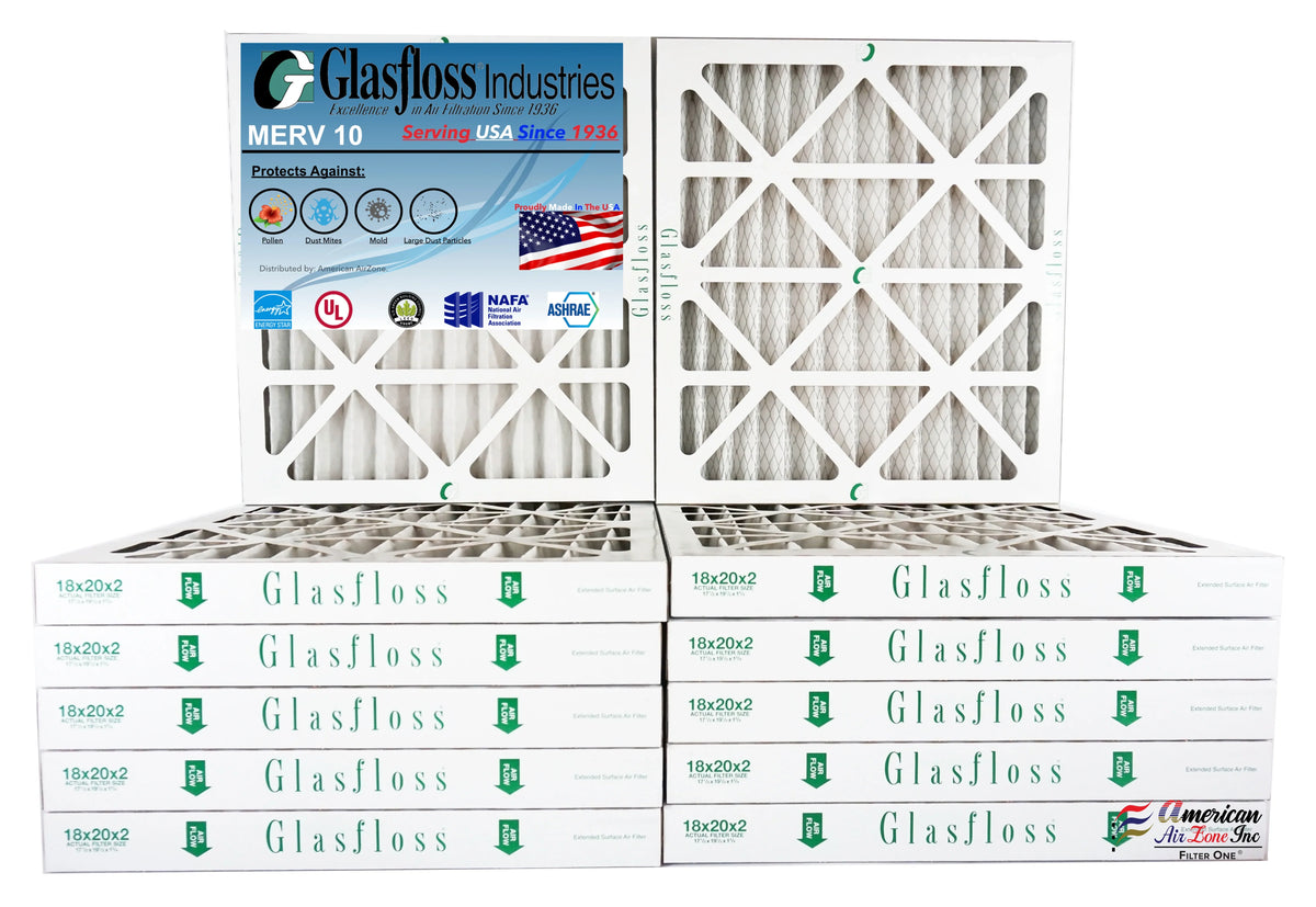 Glasfloss Air Filter 18x20x2 - 2"  10 - (Pack of 12) - Pleated  or  Air Filter - Furnace Air Filter - Home or Office - Made In The .