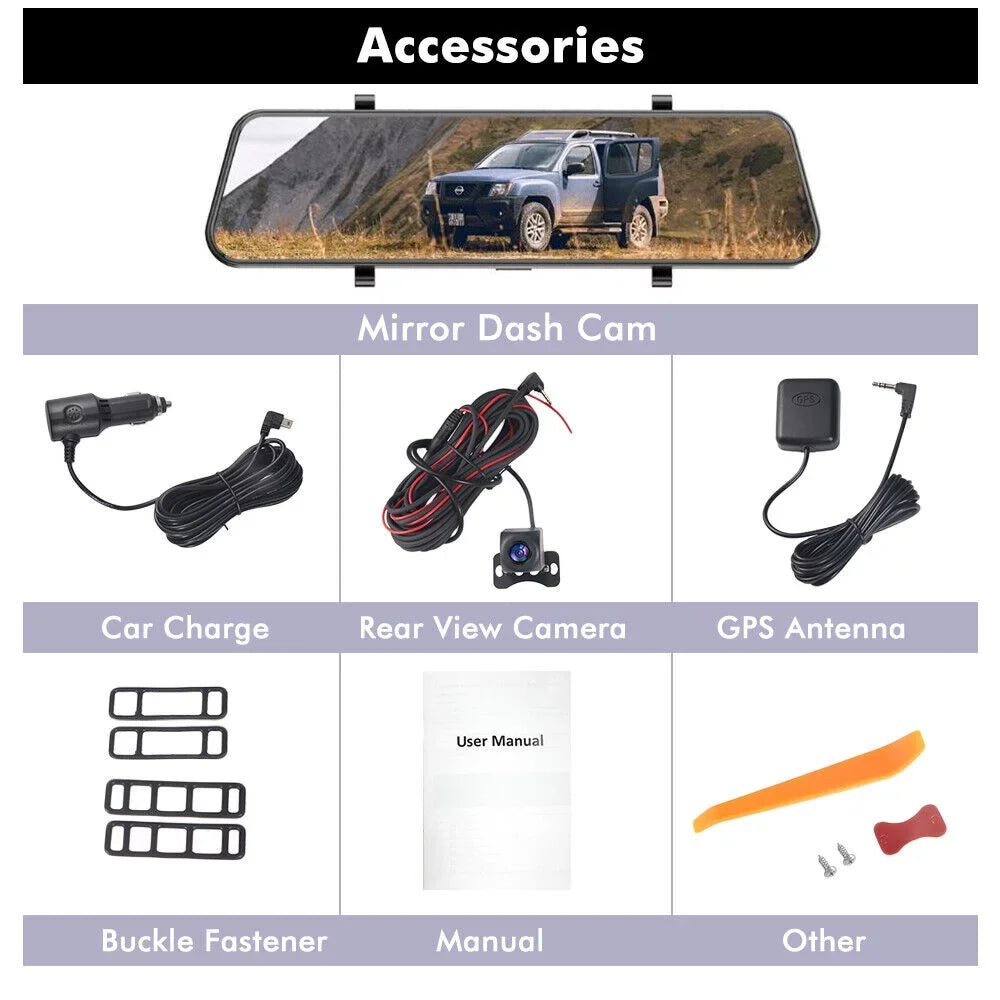 Paddsun 4K 12" Dash Cam Mirror  WiFi Voice Control Car Rear View Backup Dual Camera