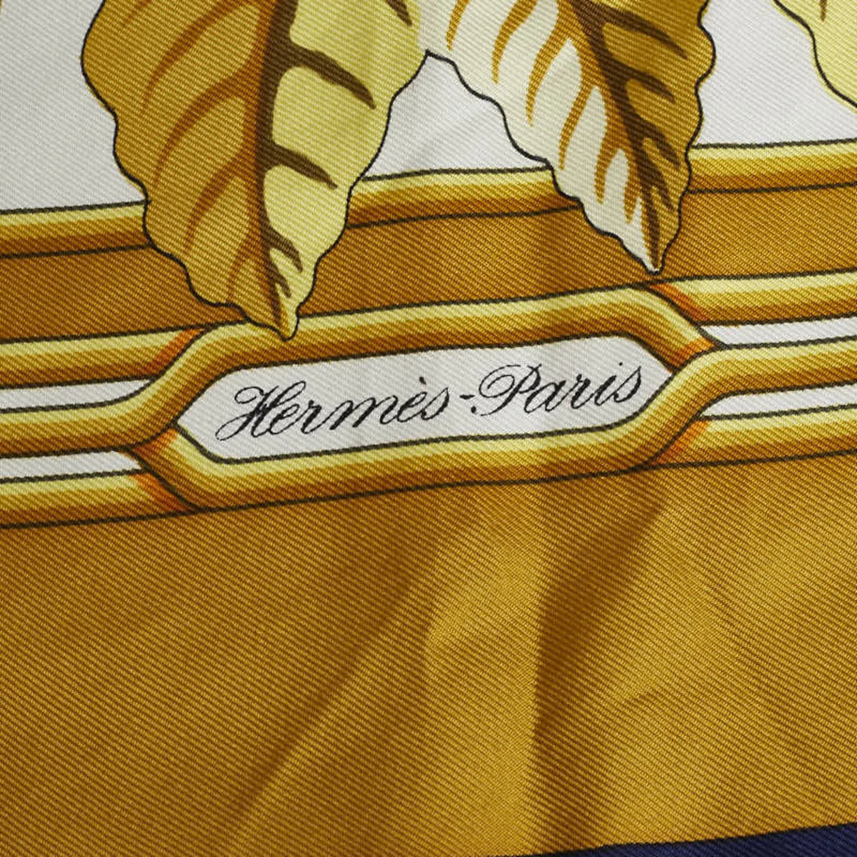 Pre-Owned Hermes Carre90 Les Perroquets detail Bird Parrot Scarf Muffler Gold Navy Silk Ladies  (Good)