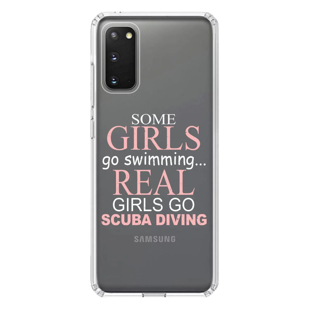 DistinctInk Clear Shockproof Hybrid Case for Galaxy S20  / 5G (6.7" Screen) -  Bumper Acrylic Back Tempered Glass Screen Protector - Real Girls Go Scuba Diving