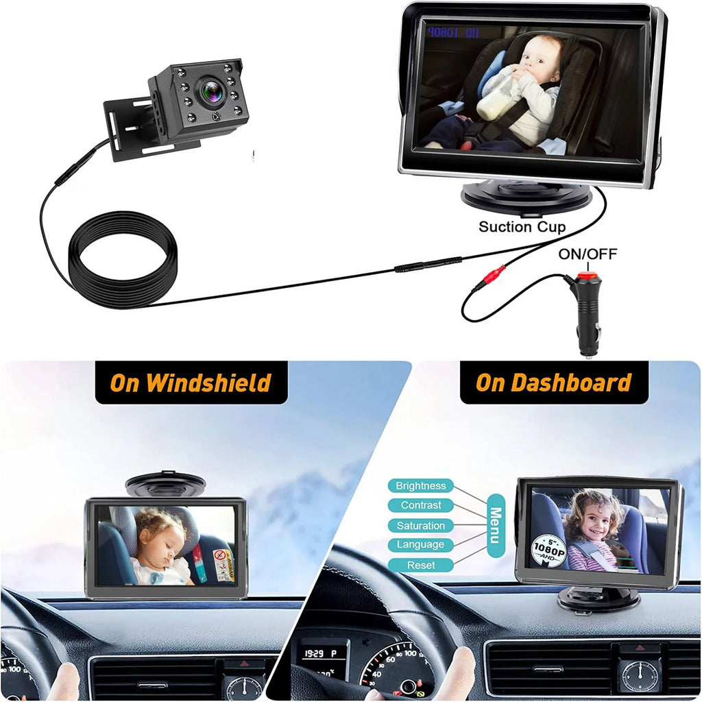 Luosen Baby Car Camera 1080P, Baby Mirror for Car Back Seat with 5 Inch  Monitor, Rear Facing Infant Camera Clear Night Vision, Newborns Travel Safety Kit