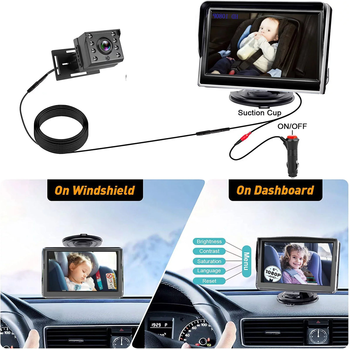 Luosen Baby Car Camera 1080P, Baby Mirror for Car Back Seat with 5 Inch  Monitor, Rear Facing Infant Camera Clear Night Vision, Newborns Travel Safety Kit